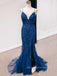 Mermaid Blue Tulle Appliques Long Evening Prom Dresses, Spaghetti Straps Prom Dress, PM0131
