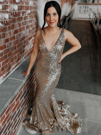 Deep V-neck Gold Sequins Mermaid Long Evening Prom Dresses, PM0132