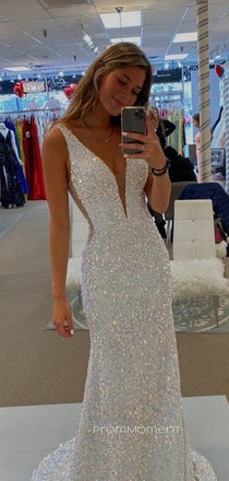 White Sequins Mermaid V-neck Long Evening Prom Dresses, PM0133