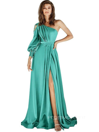A-line Satin Side Slit Long Evening Prom Dresses, Long Sleeves  Prom Dress, PM0134