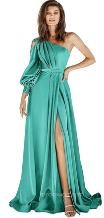 A-line Satin Side Slit Long Evening Prom Dresses, Long Sleeves  Prom Dress, PM0134