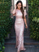 Mermaid Rose Gold Sequins Long Evening Prom Dresses, PM0136