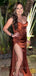 Burnt Orangge Satin Side Slit Long Evening Prom Dresses, Mermaid Spaghetti Straps Prom Dress, PM0137