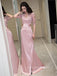 Pink Satin Appliques Side Slit Long Evening Prom Dresses, Long Sleeves Prom Dress, PM0138