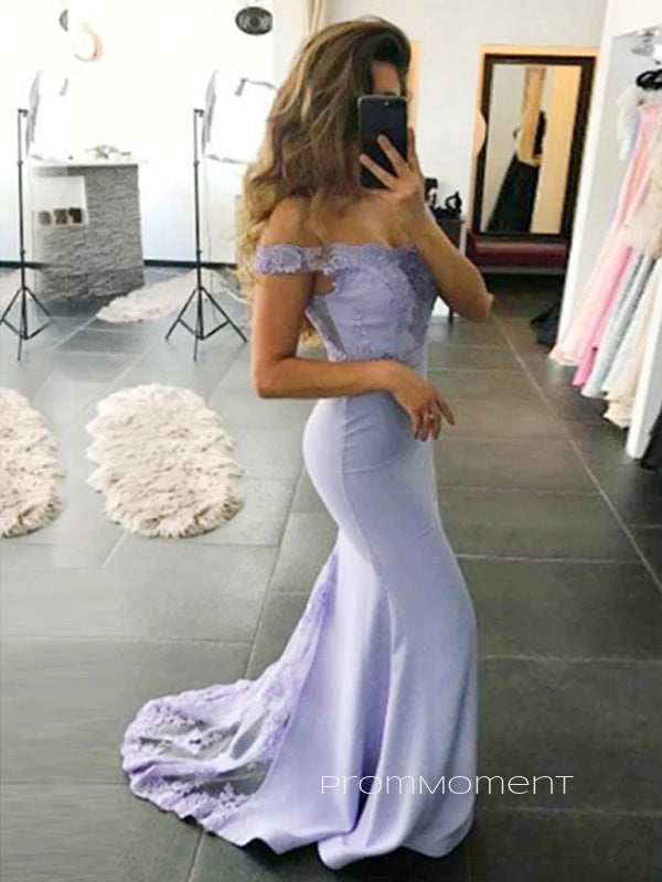 Off Shoulder Lavender Appliques Long Evening Prom Dresses, Mermaid Prom Dress, PM0139