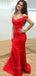 Red Satin Mermaid Long Evening Prom Dresses, Off Shoulder Custom Prom Dress, PM0141
