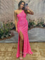 Hot Pink Sequins Mermaid One Shoulder Long Evening Prom Dresses, Side Slit Custom Prom Dress, PM0142