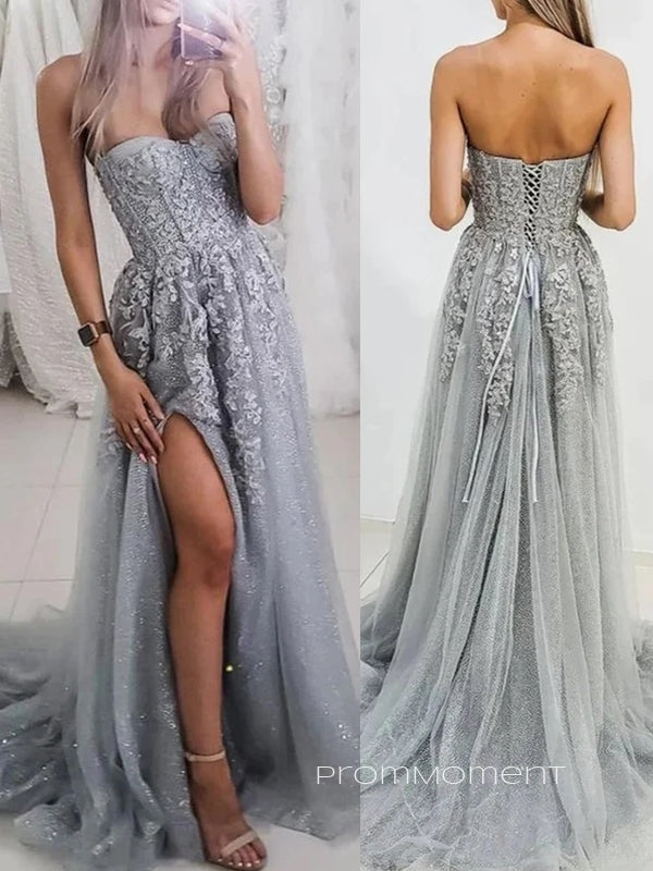 Sweetheart Silver Grey Tulle Sparkly Long Evening Prom Dresses, A-line Custom Prom Dress, PM0143
