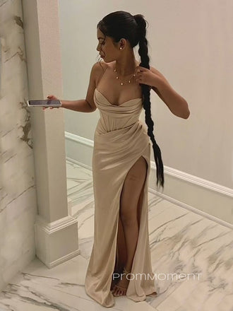 Champagne Satin Sweetheart Long Evening Prom Dresses, Mermaid Side Slit Prom Dress, PM0144