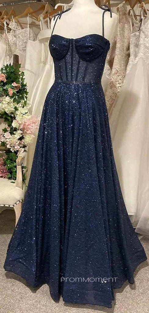 A-line Navy Blue Sparkly Long Evening Prom Dresses, Spaghetti Straps Prom Dress, PM0145