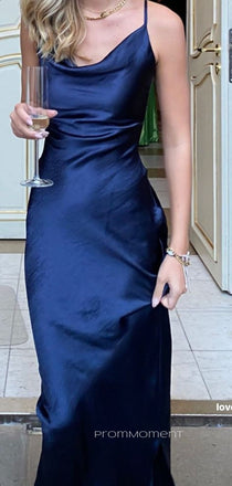 Simple Blue Satin Spaghetti Straps Long Evening Prom Dresses, Mermaid Prom Dress, PM0146