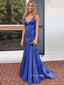 V-neck Royal Blue Satin Long Evening Prom Dresses, Mermaid Spaghetti Straps Prom Dress, PM0147