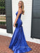 V-neck Royal Blue Satin Long Evening Prom Dresses, Mermaid Spaghetti Straps Prom Dress, PM0147