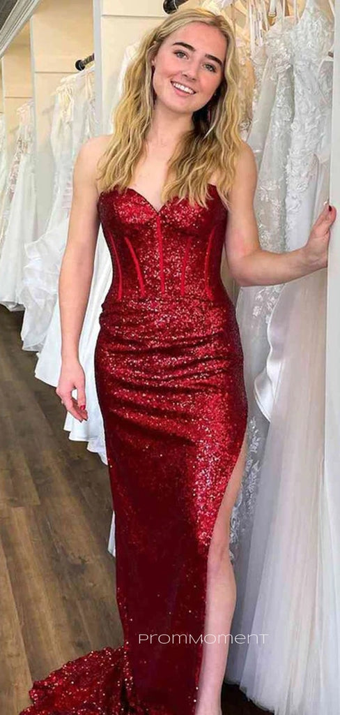 Red Sequins Mermaid Side Slit Long Evening Prom Dresses, Sweetheart Custom Prom Dress, PM0151