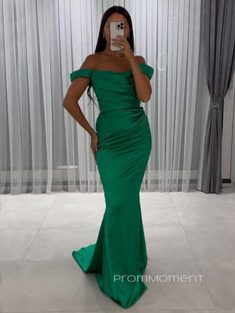 Off Shoulder Green Satin Long Evening Prom Dresses, Mermaid Cheap Prom Dress, PM0154