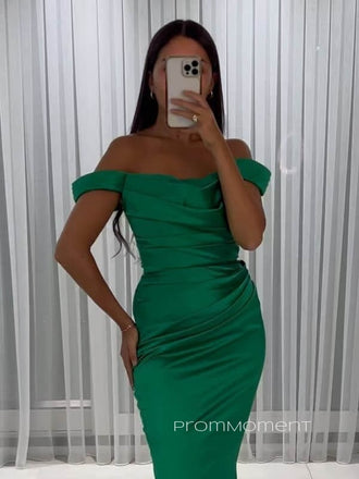 Off Shoulder Green Satin Long Evening Prom Dresses, Mermaid Cheap Prom Dress, PM0154