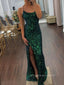 Dark Green Sequins Mermaid Spaghetti Straps Long Evening Prom Dresses, Side Slit Prom Dress, PM0158