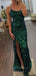Dark Green Sequins Mermaid Spaghetti Straps Long Evening Prom Dresses, Side Slit Prom Dress, PM0158