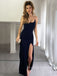 Simple Spaghetti Straps Navy Blue Mermaid Side Slit Long Evening Prom Dresses, PM0160