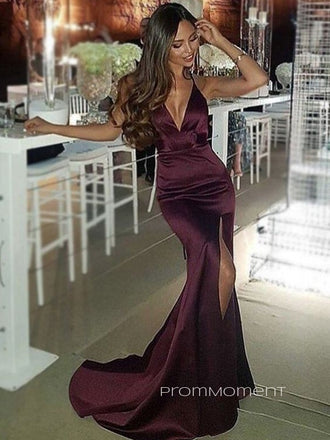 Sexy Grape Satin High Slit Long Evening Prom Dresses, Mermaid V-neck Prom Dress, PM0163