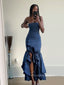 Popular Blue Mermaid Side Slit Strapless Long Evening Prom Dresses, PM0164