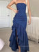 Popular Blue Mermaid Side Slit Strapless Long Evening Prom Dresses, PM0164