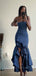 Popular Blue Mermaid Side Slit Strapless Long Evening Prom Dresses, PM0164