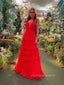 Red Tulle A-line V-neck Long Evening Prom Dresses, PM0165