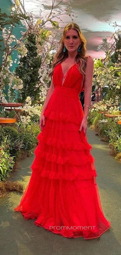 Red Tulle A-line V-neck Long Evening Prom Dresses, PM0165