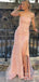 Pink Tulle Appliques Strapless High Slit Long Evening Prom Dresses, PM0166