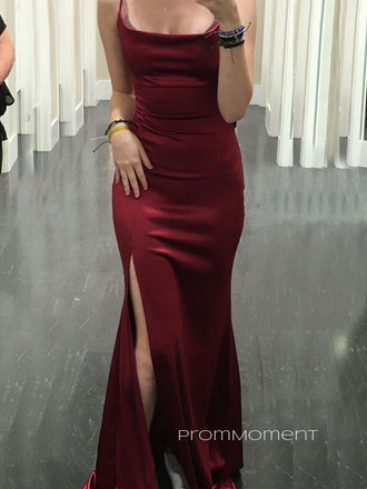 Simple Burgundy Satin Long Evening Prom Dresses, Mermaid Side Slit Prom Dress, PM0167