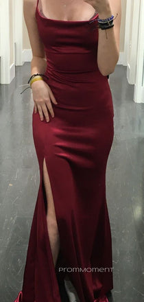 Simple Burgundy Satin Long Evening Prom Dresses, Mermaid Side Slit Prom Dress, PM0167