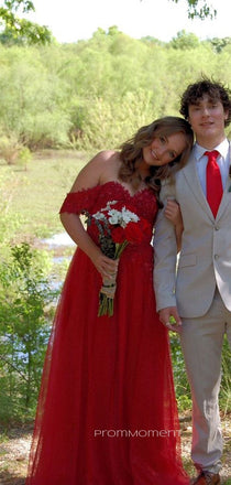 Formal Red Tulle Appliques A-line Long Evening Prom Dresses, Off Shoulder Prom Dress, PM0168