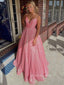 Pink Sequins V-neck A-line Straps Long Evening Prom Dresses, PM0169