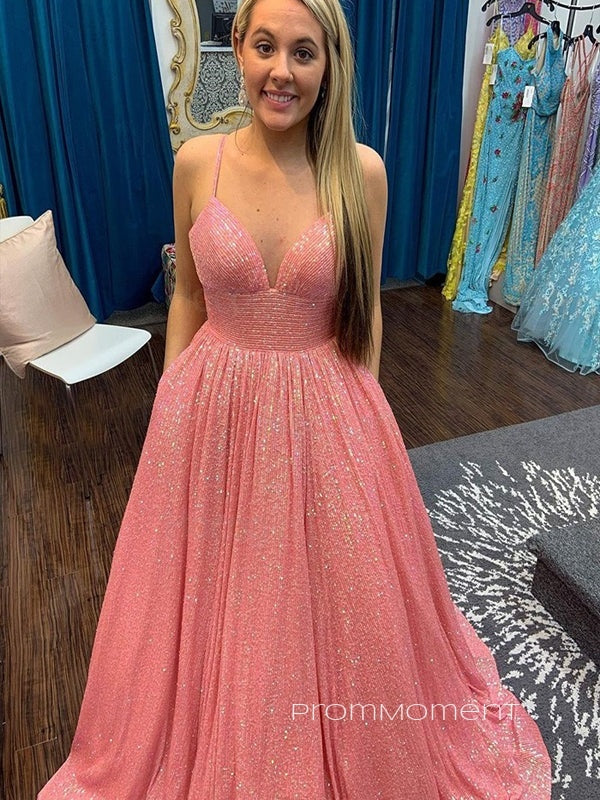 Pink Sequins V-neck A-line Straps Long Evening Prom Dresses, PM0169