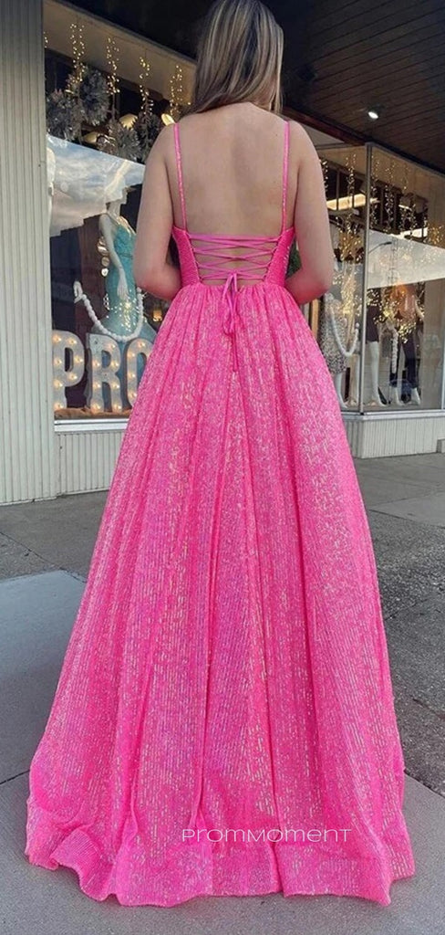 Pink Sequins V-neck A-line Straps Long Evening Prom Dresses, PM0169