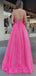 Pink Sequins V-neck A-line Straps Long Evening Prom Dresses, PM0169