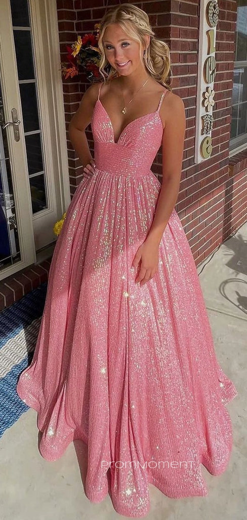 Pink Sequins V-neck A-line Straps Long Evening Prom Dresses, PM0169