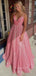 Pink Sequins V-neck A-line Straps Long Evening Prom Dresses, PM0169