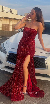 Sequins Red Mermaid Strapless Long Evening Prom Dresses, PM0173