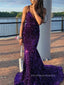 Purple Sequins V-neck Mermaid Straps Long Evening Prom Dresses, PM0174