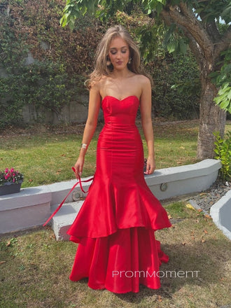 Red Strapless Satin Mermaid Long Evening Prom Dresses, Mermaid Side Slit Prom Dress, PM0175