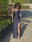 Simple Navy Bule Spaghetti Straps Side Slit Long Evening Prom Dresses, PM0178