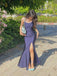 Simple Navy Bule Spaghetti Straps Side Slit Long Evening Prom Dresses, PM0178