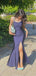 Simple Navy Bule Spaghetti Straps Side Slit Long Evening Prom Dresses, PM0178