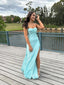 Light Blue Satin Spaghetti Straps Long Evening Prom Dresses, Custom Side Slit Prom Dress, PM0179