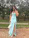 Light Blue Satin Spaghetti Straps Long Evening Prom Dresses, Custom Side Slit Prom Dress, PM0179