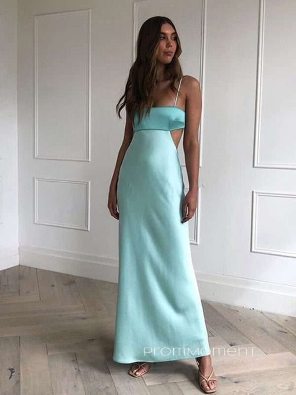 Straps Blue Satin Backless Long Evening Prom Dresses, PM0182