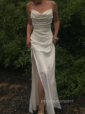 Spaghetti Straps High Slit White Long Evening Prom Dresses, Backless Sleeveless Prom Dress, PM0183