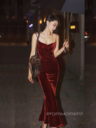 Elegant Mermaid Straps Burgundy Long Evening Prom Dresses, PM0185